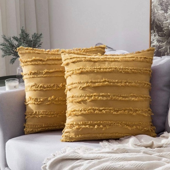 Luxury Home | Boho Rustic Mustard Frayed Edge Striped Jaquard Pillow Covers - Picture 1 of 6